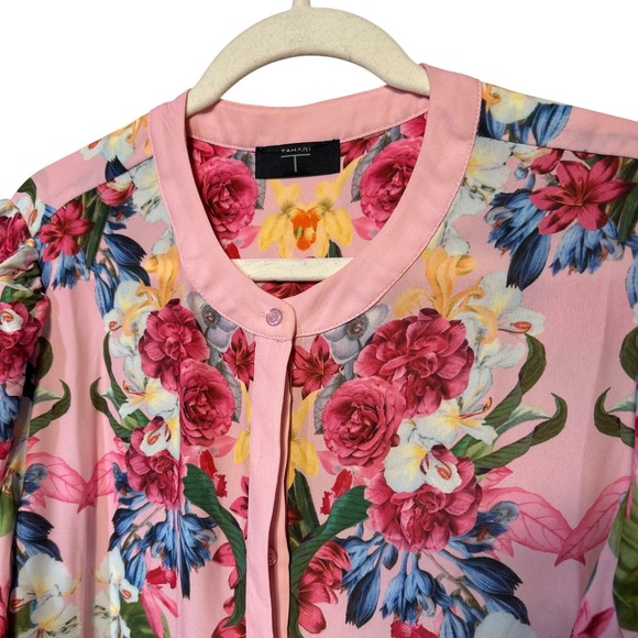 Tahari Rose Print Puff Shoulder Shirt Pink Women's  Size XL Retail: $70 EUC‎ - Picture 2 of 9